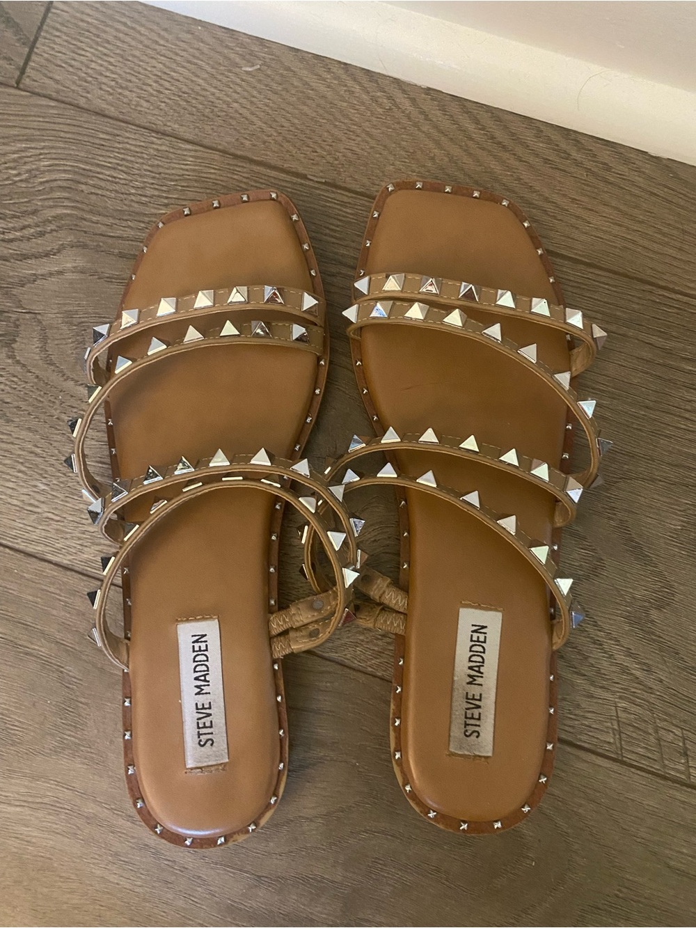 Steve Madden Tan Pyramid Stud Multi-Strap Sandals